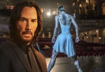 John Wick standing in a dark suit with action scenes from all four films in the background