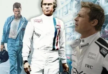 Photo: Brad Pitt in F1 (2025), Chris Hemsworth in Rush (2013), Steve McQueen in Le Mans (1971), James Garner in Grand Prix (1966), Matt Damon & Christian Bale in Ford v Ferrari (2019) / Filmdb.co.uk – Best F1 Feature Films